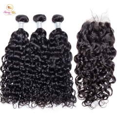 Sanny Water Wave Brazilian Hair Weave Bundles Human Hair 3 Bundles with Closure 10-30inch Natural Black Color Remy Hair Extension