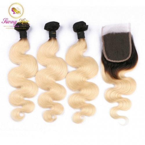 Sanny T1b/613 Ombre Blonde Hair Bundle with Closure,1Pcs 8inch-30inch Dark Roots with #613 Body wave Hair Weave Brazilian Remy Human Hair