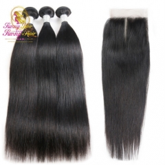 Peruvian Straight Hair 3 Bundles Human Hair Extensions With 4*4 Lace Closure Double Weft Weave Bundles With Closure