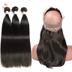 Peruvian Hair Straight Bundle Deals with 360 Lace Frontal, Ponytail Frontal