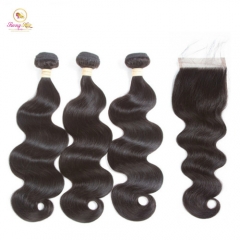 Brazilian body wave 3 bundels with closure remy human weave 3 bundles with closure and 4x4 swiss lace