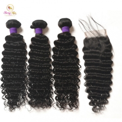 Brazilian Deep Wave 3 bundle with closure remy human weave 3 bundles with closure and 4x4 swiss lace