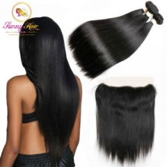 Straight Hair 3 Bundles With Frontal Non-Remy Human Hair Bundles With  Frontal