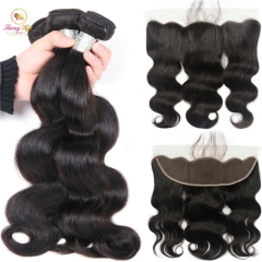 Body Wave Hair 3 Bundles With Frontal Non-Remy Human Hair Bundles With Frontal