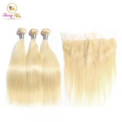 Platinum Blonde Color Brazilian Hair 613 Blonde Straight Human Hair Weave Bundles with Frontal,Remy Hair Can Be Dyed