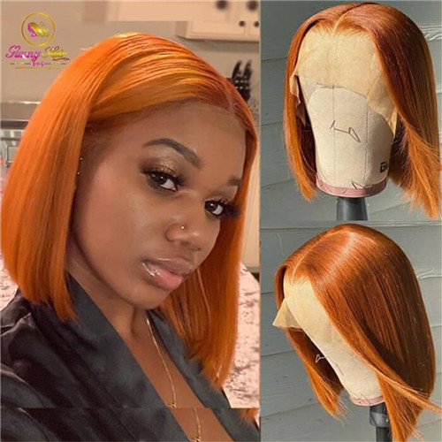 Ginger Orange Human Hair Wigs with baby hair Colored Wigs,Short Wig Straight Natural Hair Transparent Lace Front Wig Bob Colored Hair